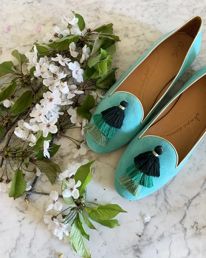 Pastel mint suede Slippers with white passementerie surrounded by flowers