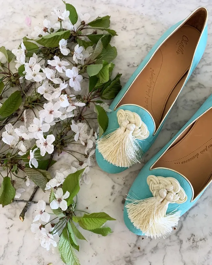 Pastel mint suede Slippers with triple parma pompom surrounded by flowers