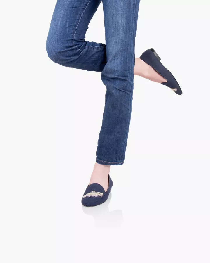 Navy suede slippers embroidered with a white & light gold feather