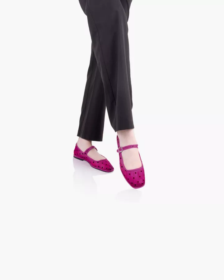Furlanes Mary Janes in Fuchsia mesh with dots pattern and square toe
entirely made by hand in Italy (Venice/Friuli)