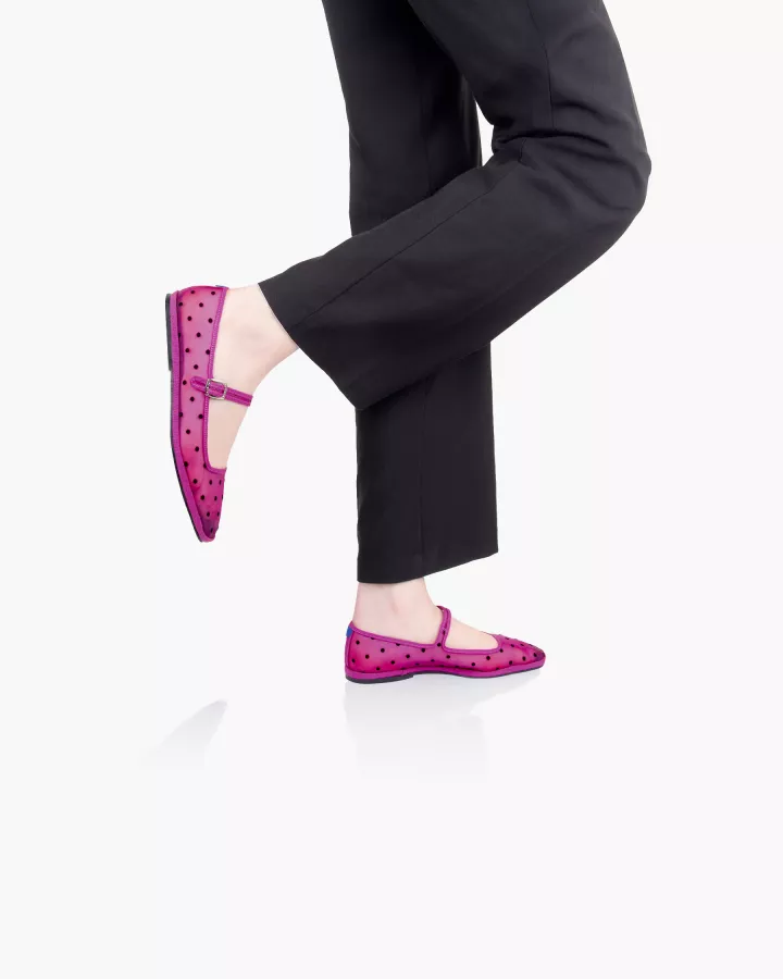 Furlanes Mary Janes in Fuchsia mesh with dots pattern and square toe
entirely made by hand in Italy (Venice/Friuli)