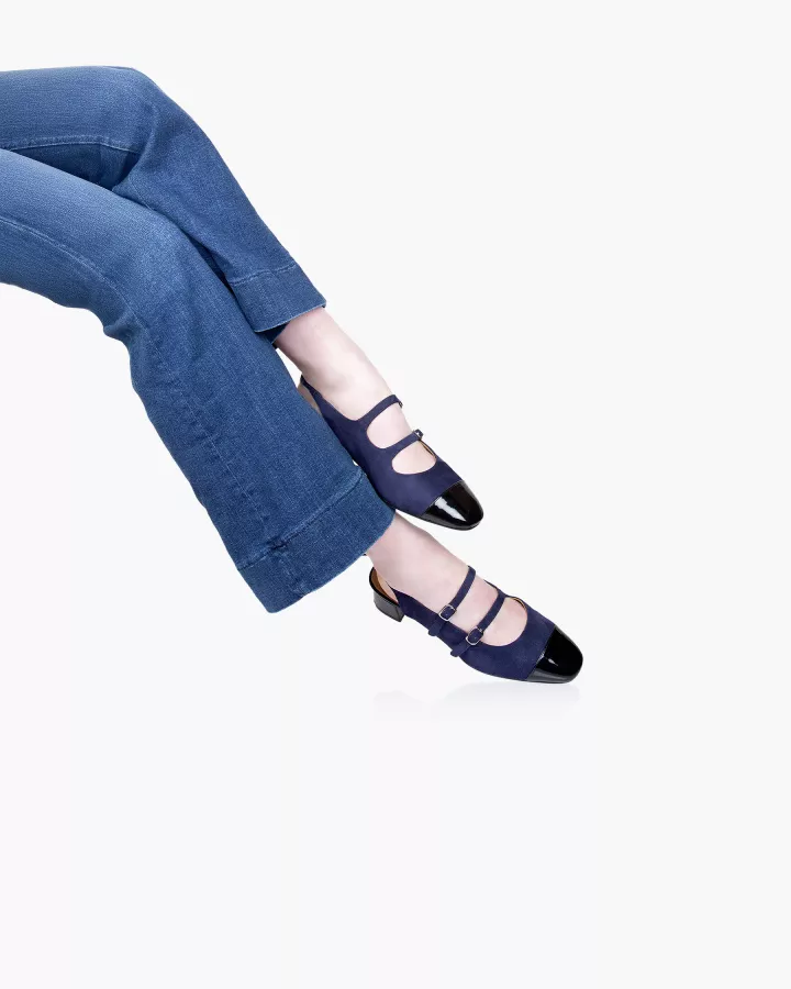 Navy blue suede and black patent leather Mary Jane slingbacks