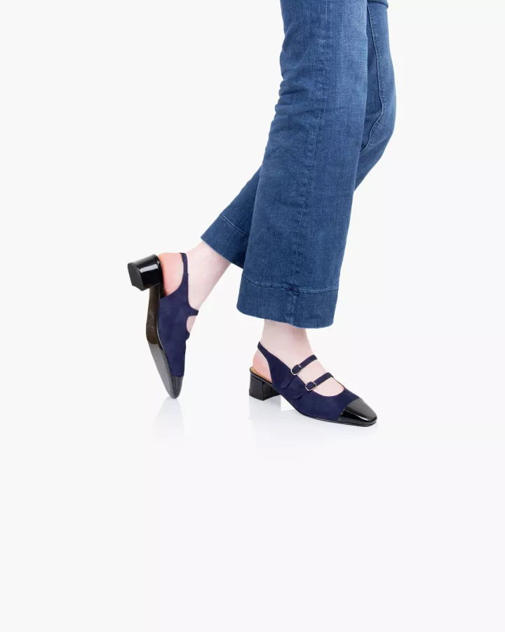 Navy blue suede and black patent leather Mary Jane slingbacks
