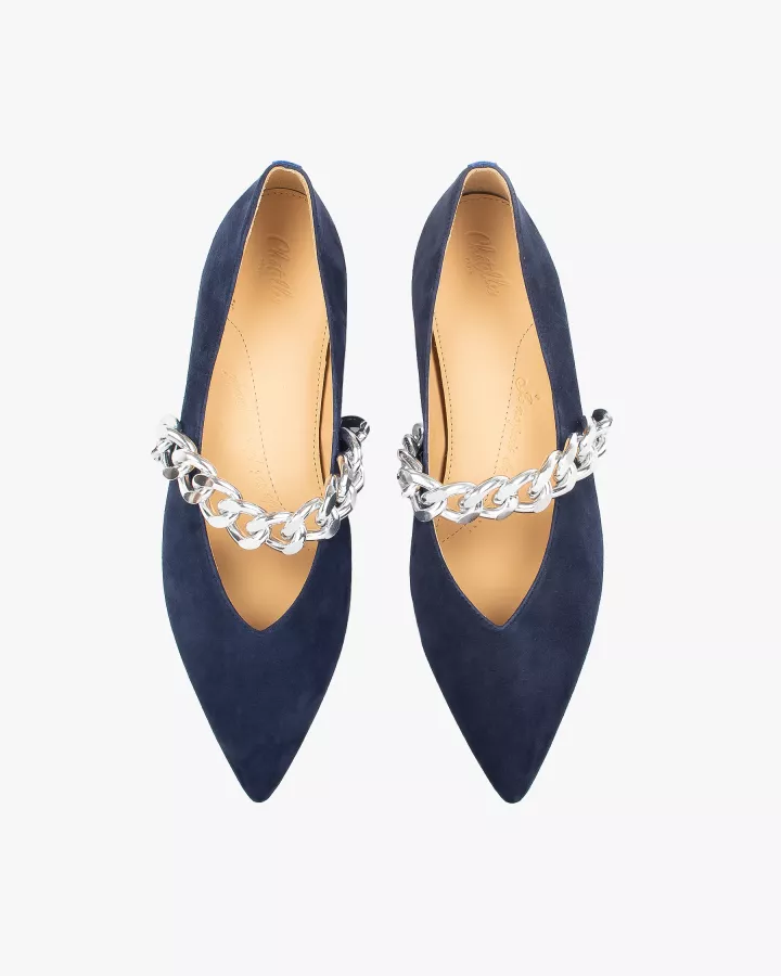 Navy pointy slippers with silver chain