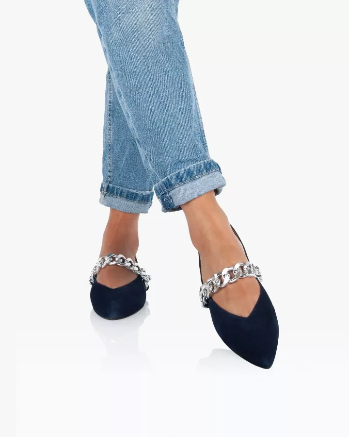 Navy pointy slippers with silver chain