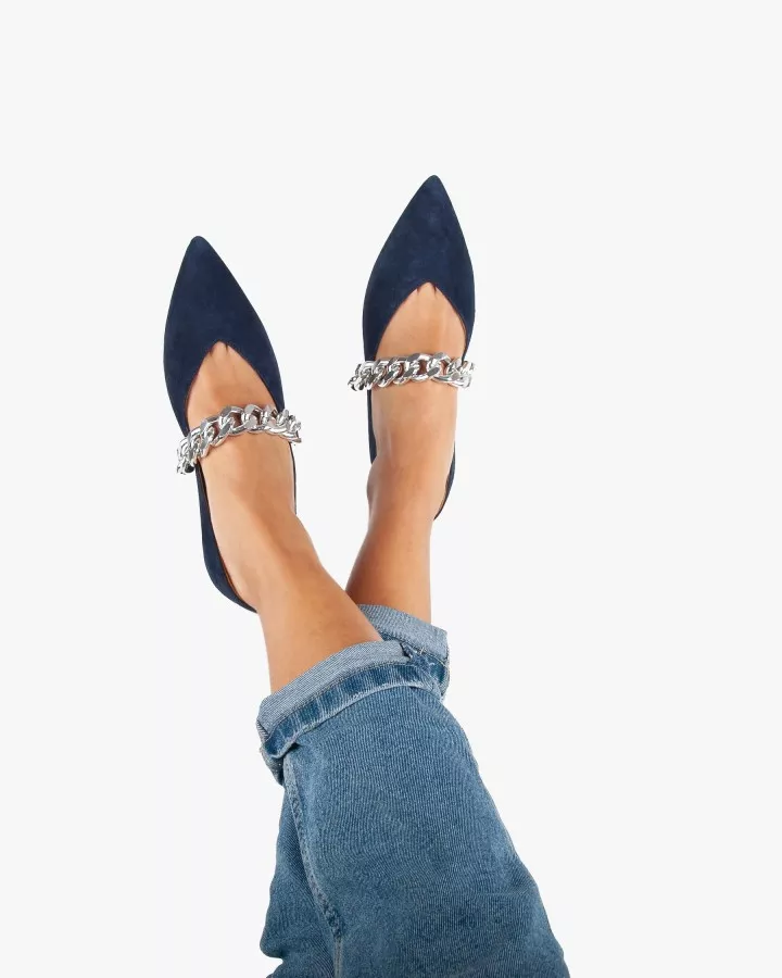 Navy pointy slippers with silver chain