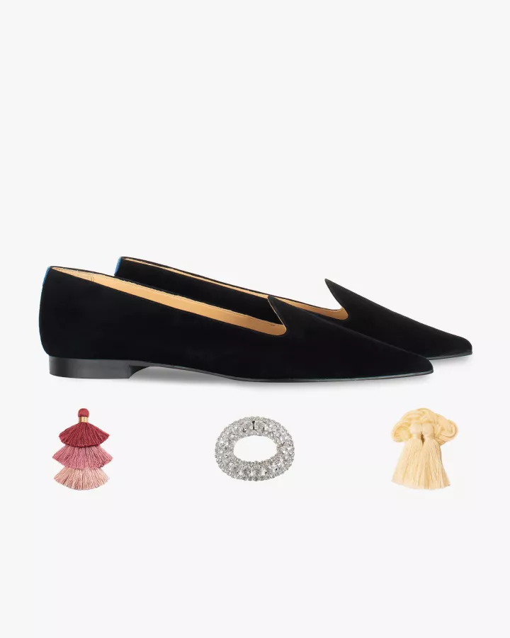 Black suede pointy slippers with 3 interchangeable accessories of your choice included