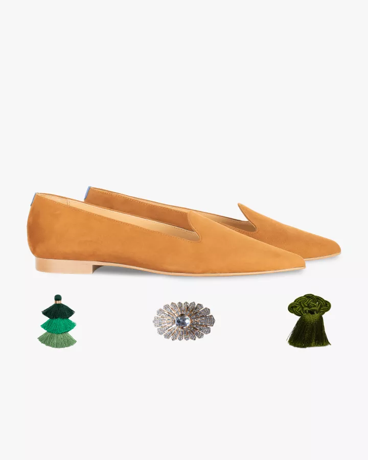 Camel suede pointy slippers with 3 interchangeable accessories of your choice included