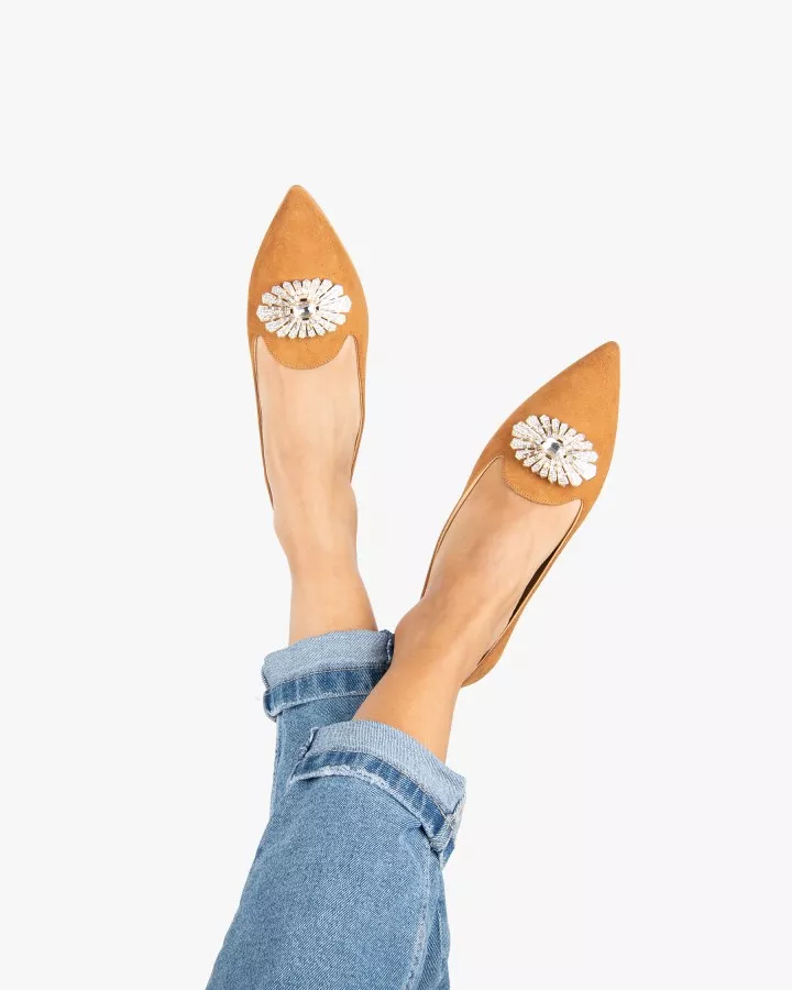 Camel suede pointy slippers with 3 interchangeable accessories of your choice included