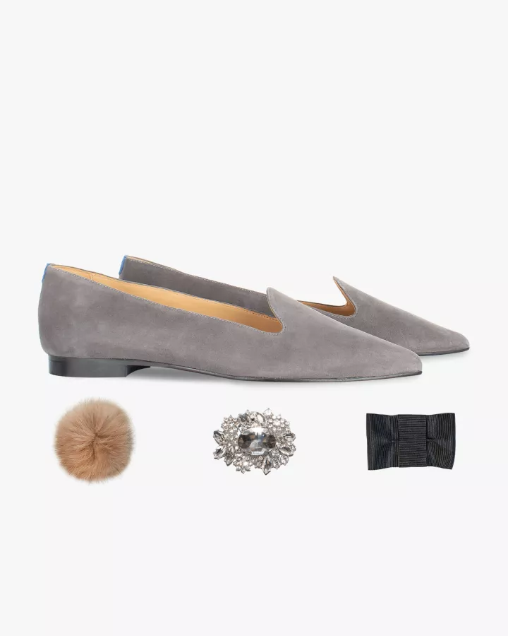 Grey suede pointy slippers with 3 interchangeable accessories of your choice included