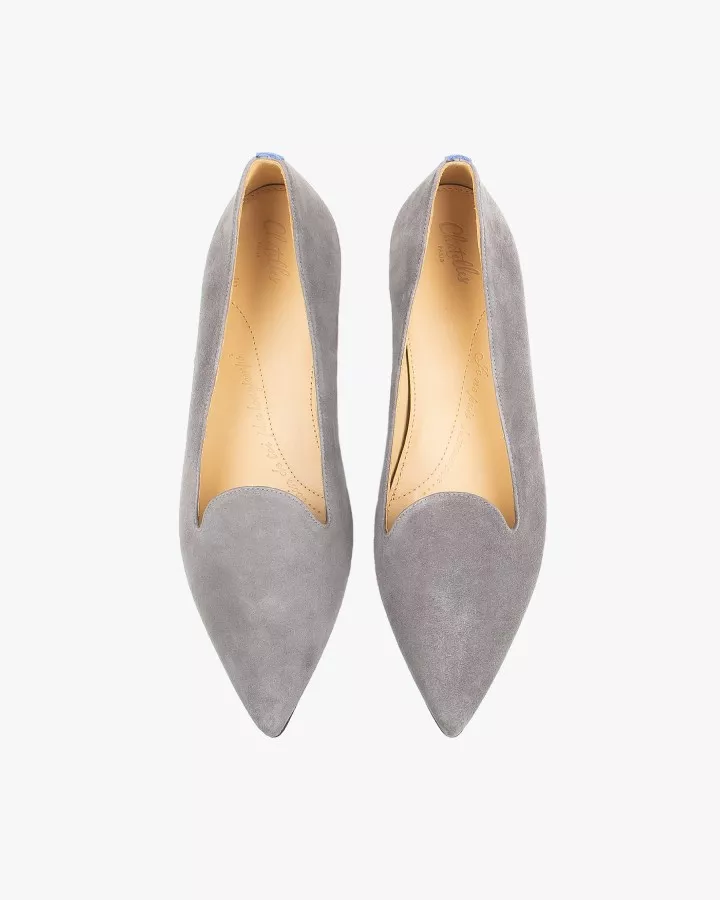 Grey suede pointy slippers with 3 interchangeable accessories of your choice included