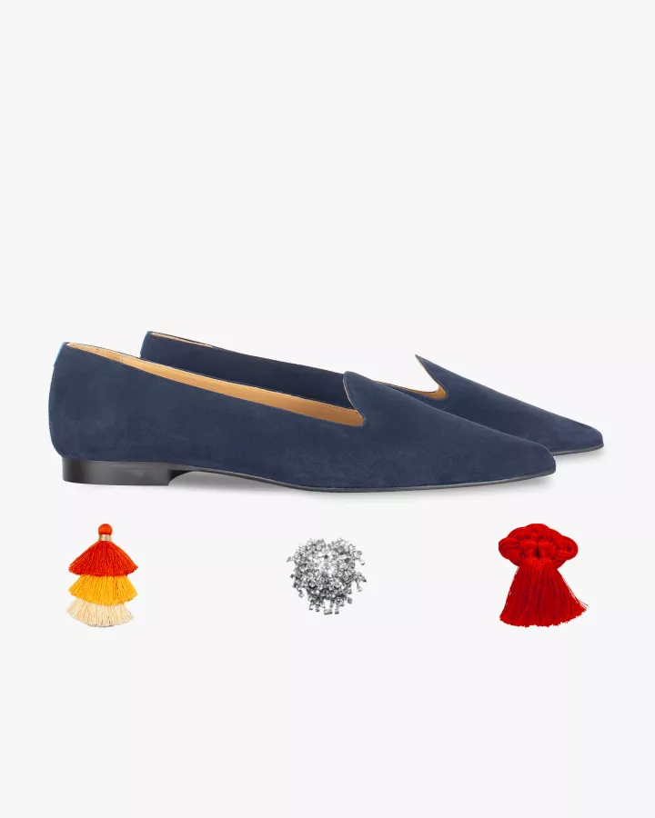 Navy suede pointy slippers with 3 interchangeable accessories of your choice included