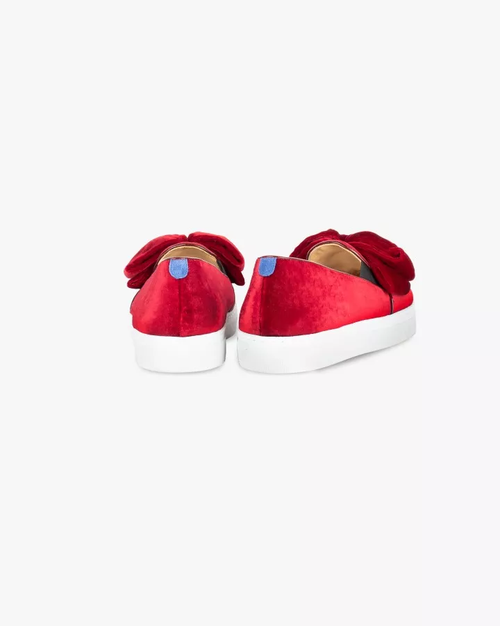 Red velvet slip-ons with oversized bow