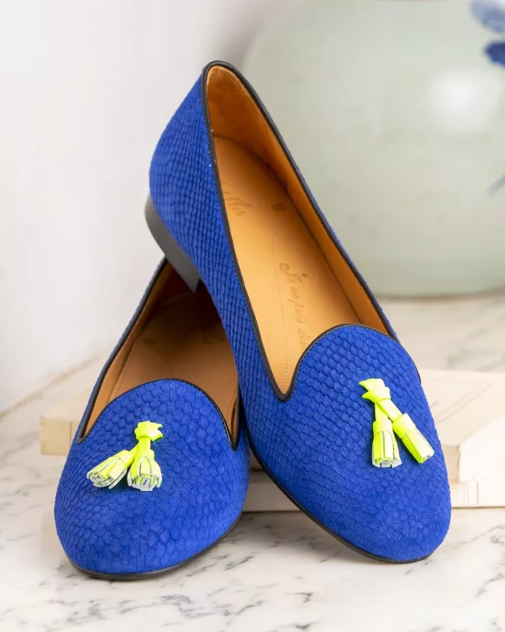 Royal blue fishscaled suede slippers