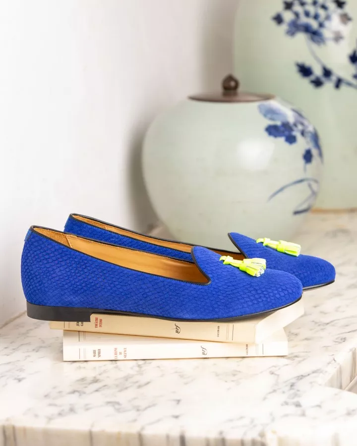 Royal blue fishscaled suede slippers