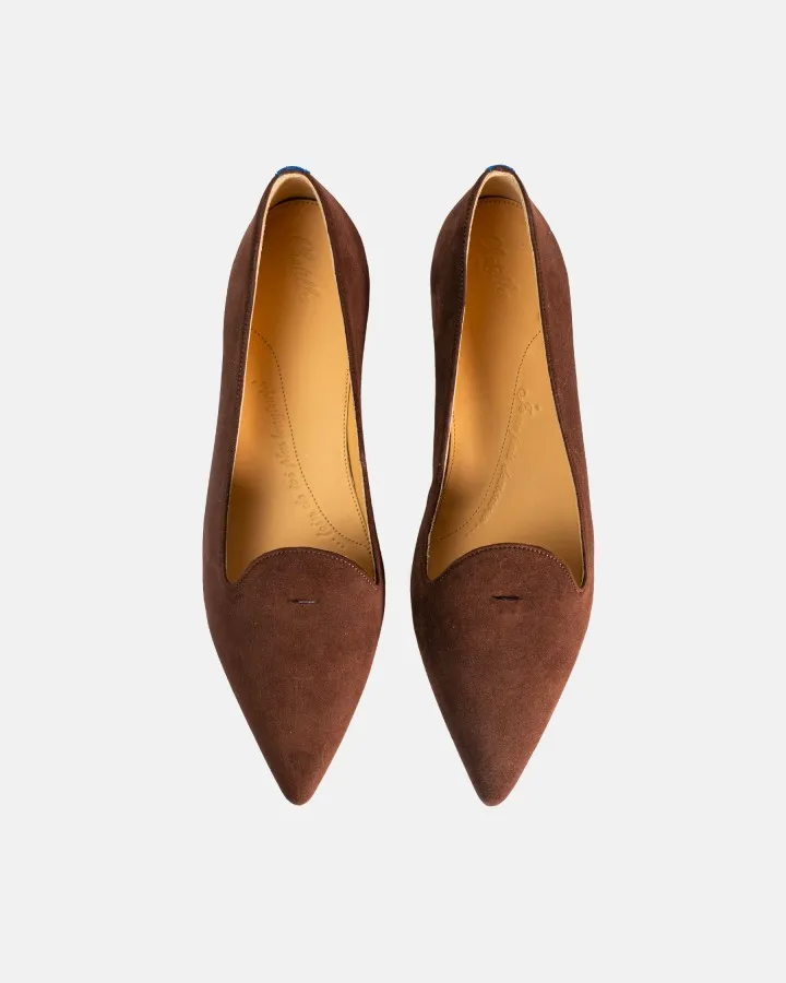 Brown suede pointy slippers with 3 interchangeable accessories of your choice included