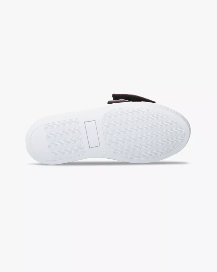 Grey velvet slip-ons with oversize bow