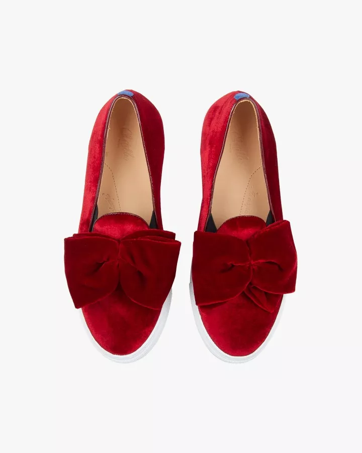 Red velvet slip-ons with oversized bow