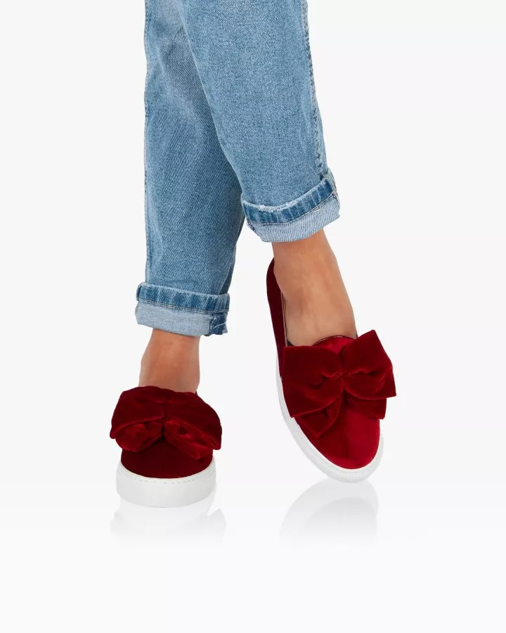 Red velvet slip-ons with oversized bow