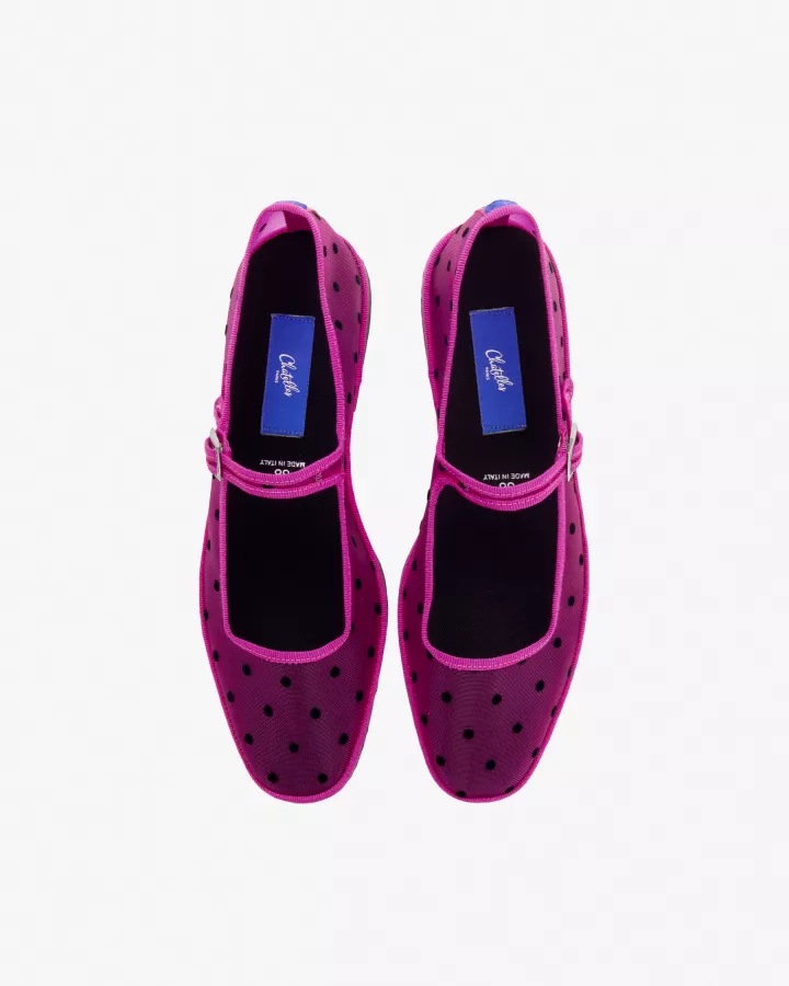 Furlanes Mary Janes in Fuchsia mesh with dots pattern and square toe
entirely made by hand in Italy (Venice/Friuli)