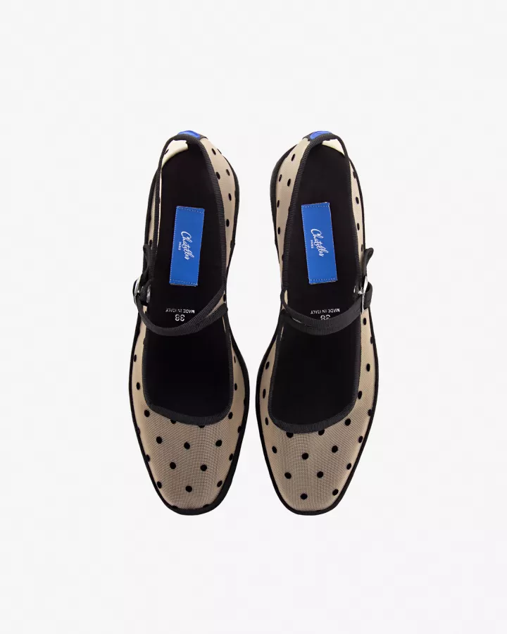 Furlanes Mary Janes in Beige mesh with dots pattern and square toe
entirely made by hand in Italy (Venice/Friuli)